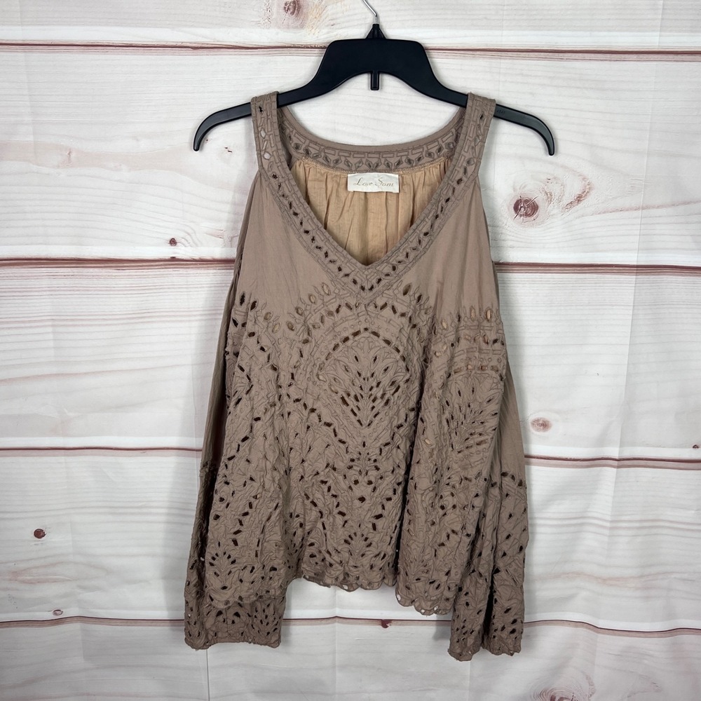 Love Sam Top Womens S Brown Eyelet Blouse V-Neck Cold Shoulder Pullover Solid